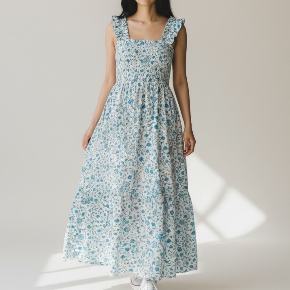 Draper James Blue White Floral Smocked Maxi Dress Ruffle Strap Medium